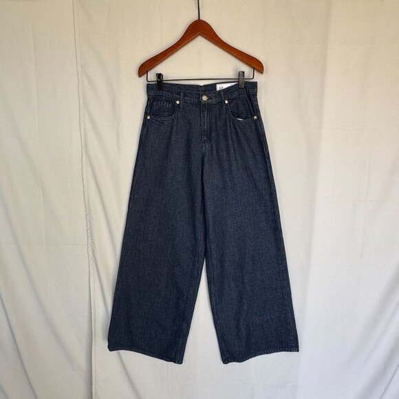 Gap Mid Rise UltraSoft Baggy Rinsed Dark Blue Denim Wide Leg Jeans Size 27 Long - Picture 4 of 11